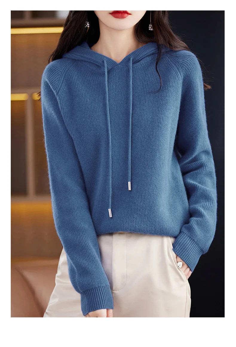 2023 New Cashmere hooded sweater Women Long Sleeve Autumn and Winter Knit hooded Pullover Solid Color Cashmere Base