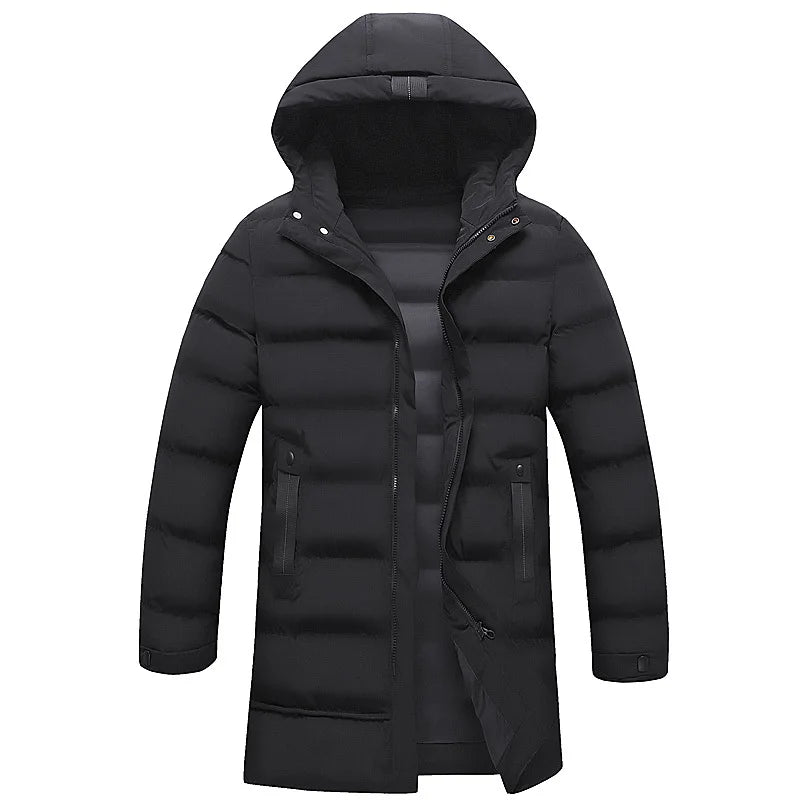 Man Down Jacket Winter Fashion Thicken Solid Color Hooded Male Outerwear Cold-proof Mid Length Long Sleeve Zipper Men Coat