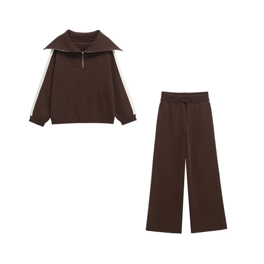 Women's Fashion Two-Piece Set with Side-Stripped Knit Sweater And High-Elastic Waist Straight Pants Female Casual Outfit