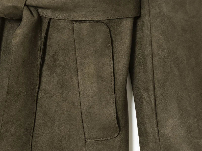 Women's Trench Coat 2025 Autumn New Style Military Green Long Sleeve Suede Effect with Belted Decoration Long Coat Stylish