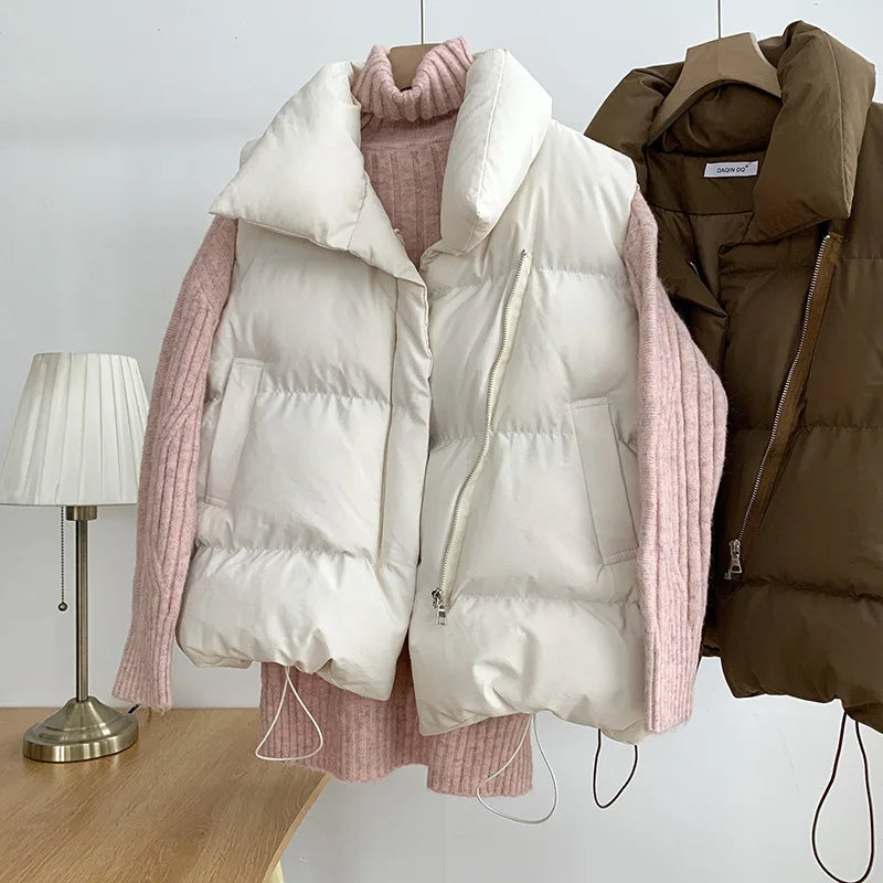 Women's Winter Short down Sleeveless Vest Warm Stand Collar Zipper Jacket Casual Fashion Quilted Cropped Coats Street Outerwear