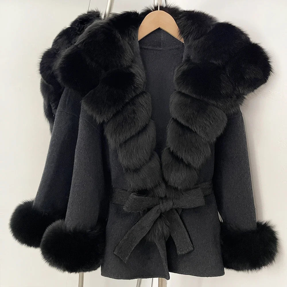 Wool Coat Women Woman New Fashion Winter Autumn Real Fur Jacket Luxury Real Fox Fur Coats Ladies Belt Design Woolen Outwear