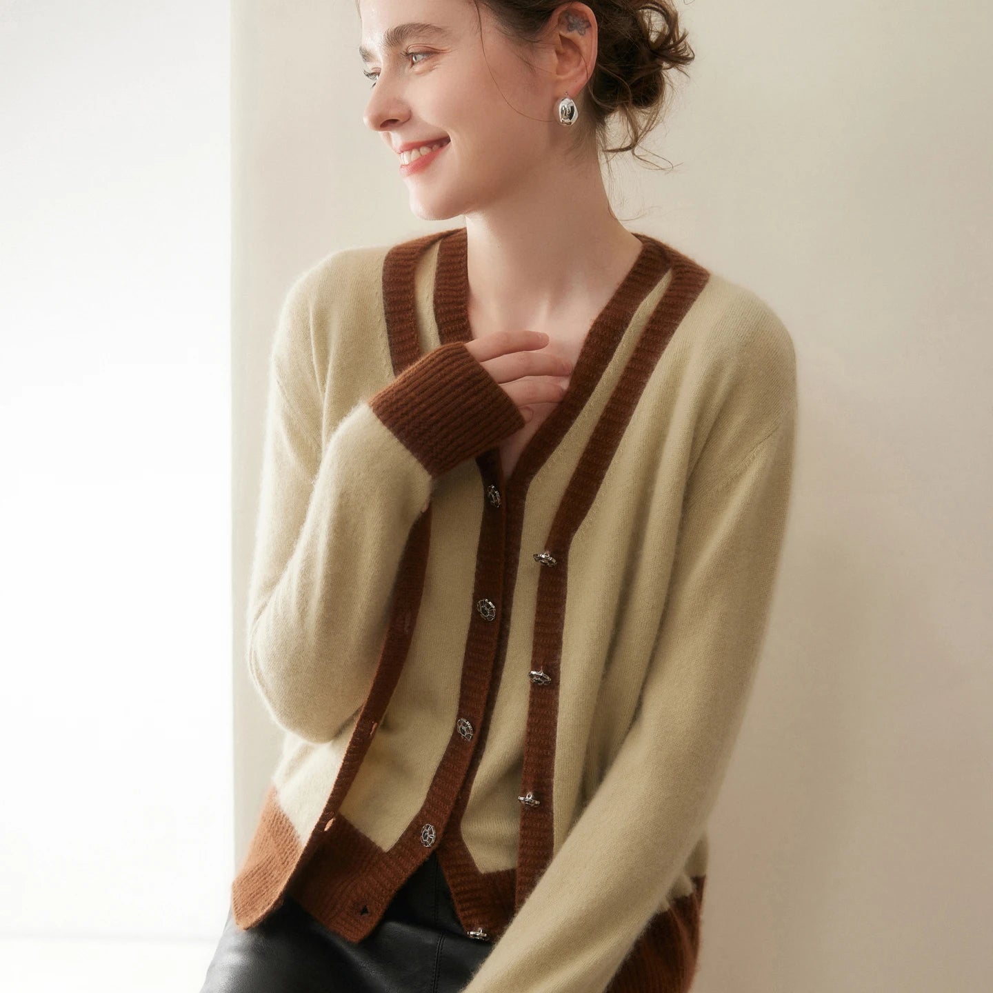 Women Cashmere Sweater V-neck  Cardigan and Vest Set Spring Autumn Winter 100% Cashmere Knitwear Long Sleeve Top Waistcoat Suit