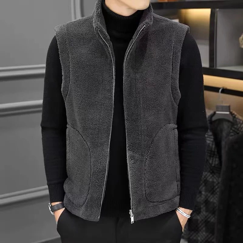Winter Lamb Wool Vests Men Warm Coat Fashion Casual Thick Stand Collar Sleeveless Jacket Can Be Worn On Both Sides Waistcoat Man