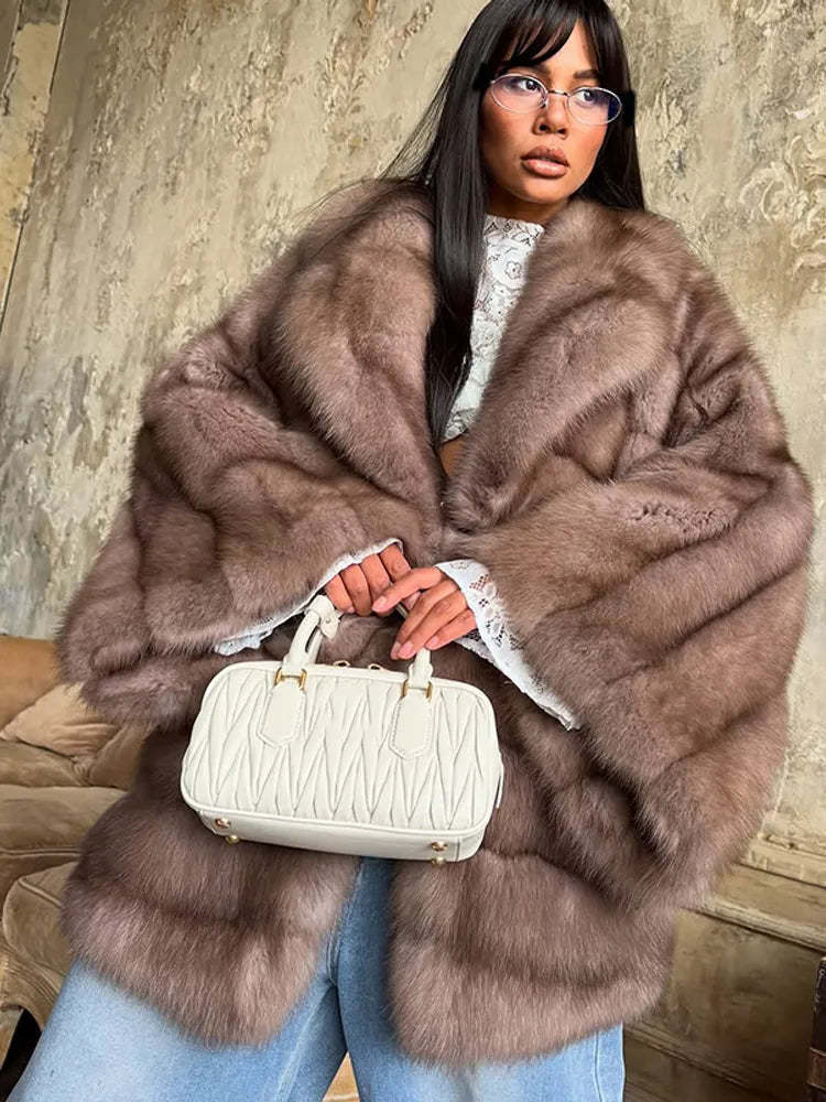 Fashion Medium-length Fur Coat Women Elegant Solid Lapel Hidden Button Loose Coats Lady 2025 Winter New Commute Office Outerwear