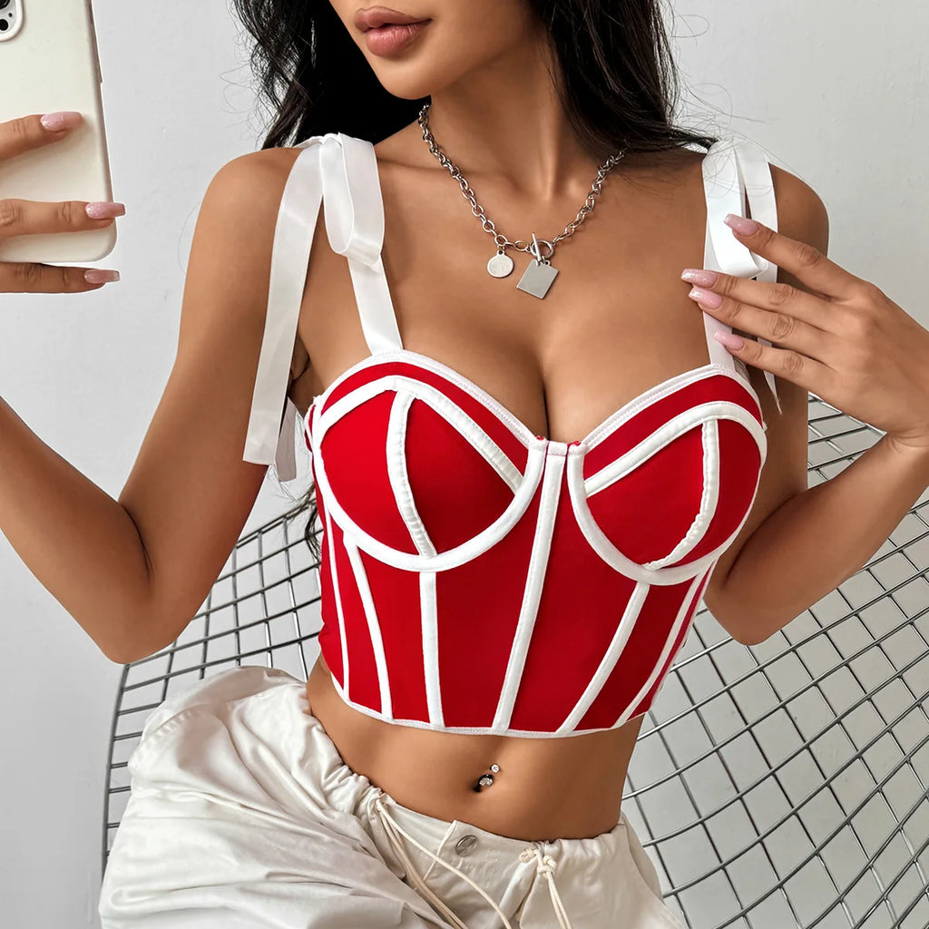Woman Clothing Top Women T-shirt Tank Top Female Clothes Tops Tanks Camis Crop Top Y2K Sexy Ribbon Tie-Up Fishbone Camisole