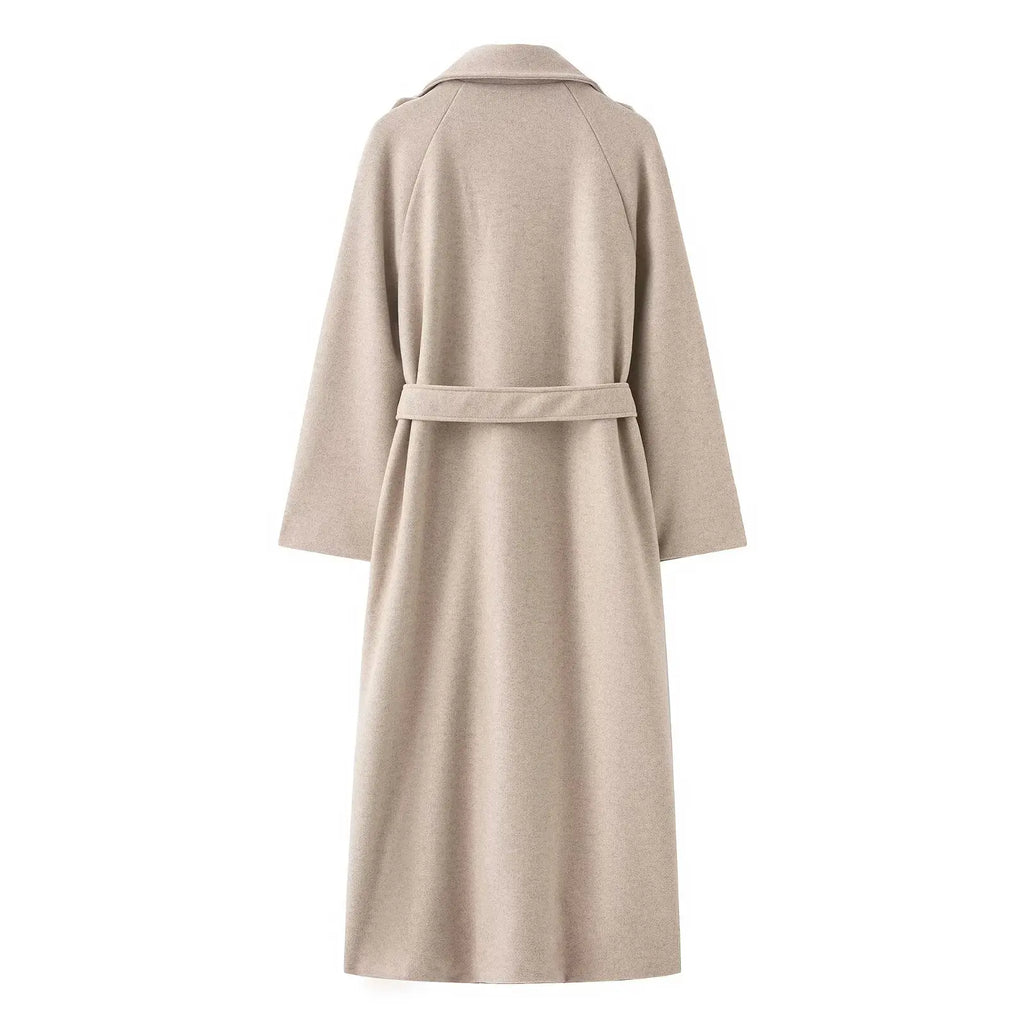 HH Winter Elegant Women Turn-Down Collar Long Coat Solid Long Sleeves Pocket Belt Double-Breasted Female Slim Windbreaker Coats