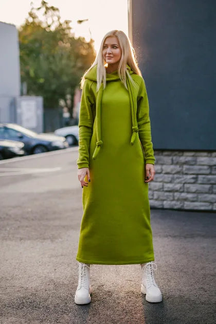 Women Fashion  New Loose Large Knitted Hooded Autumn Winter Long Dress Velvet Hoodie Dress Casual Dress Splicing Warm Dress