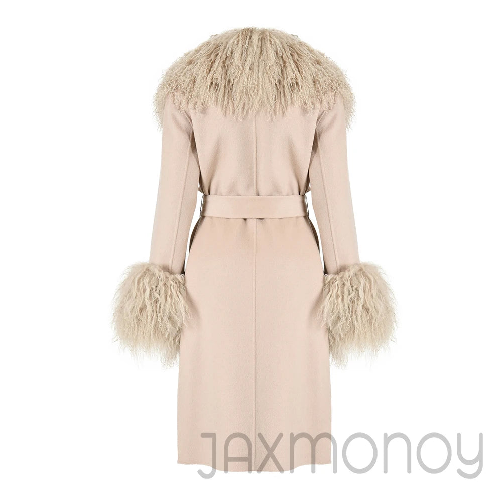 Women Cashmere Wool Coat With Real Mongolian Sheep Fur Collar  Ladies Autumn Winter Fashion Long Outwear Full Sleeve Fur Jacket