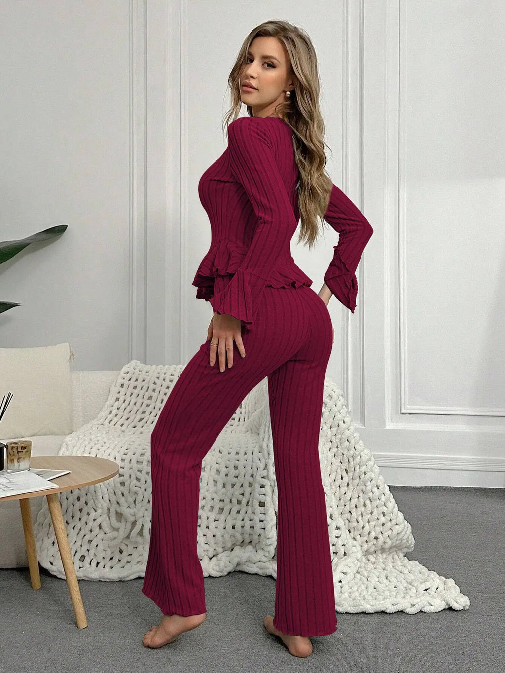 Women Sleepwear Autumn Winter Sexy Pajamas Sets Two Pieces V Neck Long Sleeve Tops and Trousers Set Loungewear Home Clothes