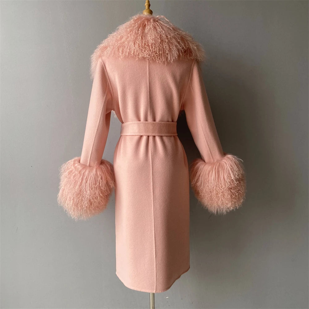 Women Cashmere Wool Coat With Real Mongolian Sheep Fur Collar  Ladies Autumn Winter Fashion Long Outwear Full Sleeve Fur Jacket