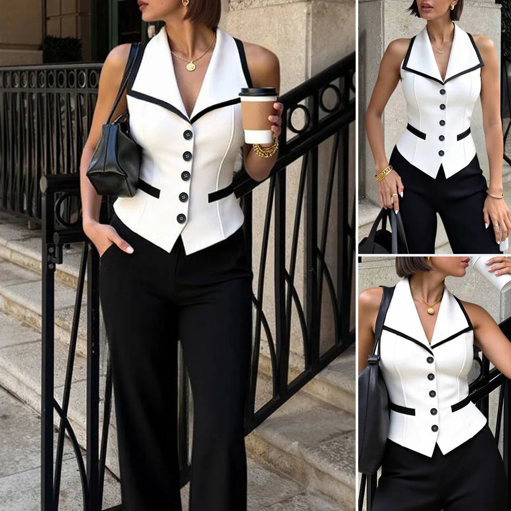 Women's Shirt 2025 Autumn Chic Urban Sleeveless Contrast Trim Button Front Notched Collar Tops Shirt