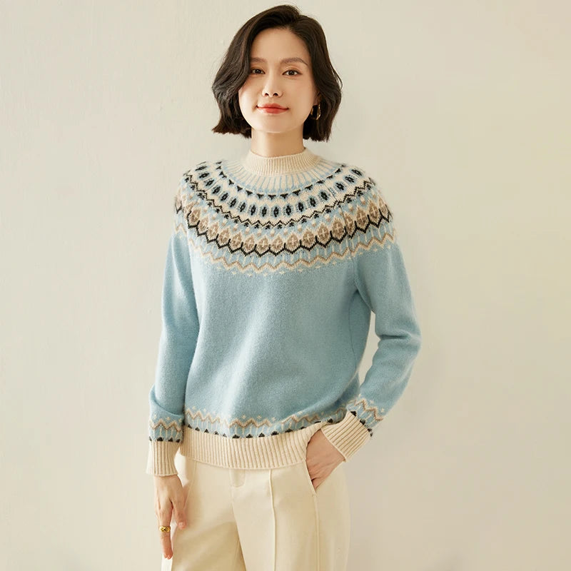 Autumn And Winter New Cashmere Sweater Fashion Women's Retro Round Neck Jacquard Cashmere Knitted Bottoming Shirt With Sweater