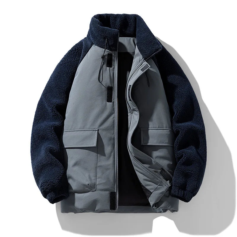 New Winter Men's Jacket for Men Color Block Lamb Wool Thick Cotton Warm Hooded Loose Zipper Casual Men's Clothing Coats Parkas