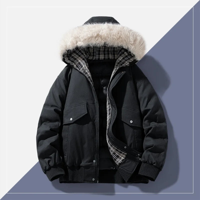 Men's Winter Jacket Woolen Collar Cotton-padded Jacket Outdoor Thickened Hooded Jacket Casual and Windproof Jacket for Teenagers