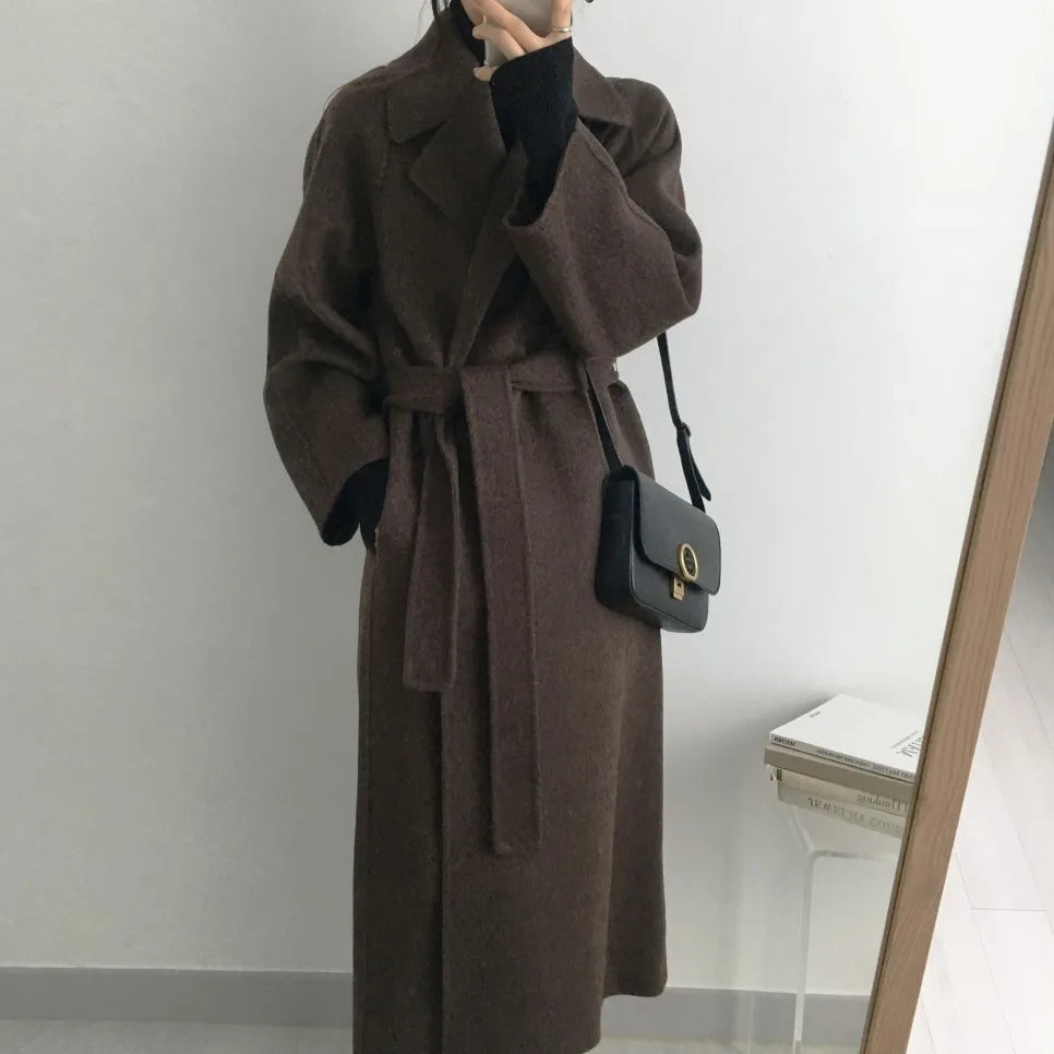 Elegant Woolen Coat Women's 2025 Autumn Winter Mid Length Adjustable Waist Thick Casual Long Sleeve Fashion Wool Coats Female
