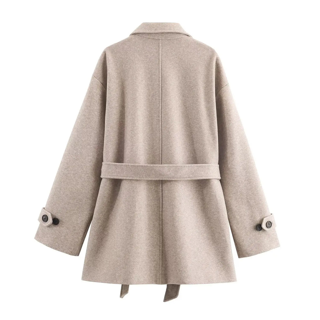 Women Wool Coat With Belt Autumn Winter Female Laple Long Sleeve Single-Breasted Outwear Coat Lady Loose Jackets