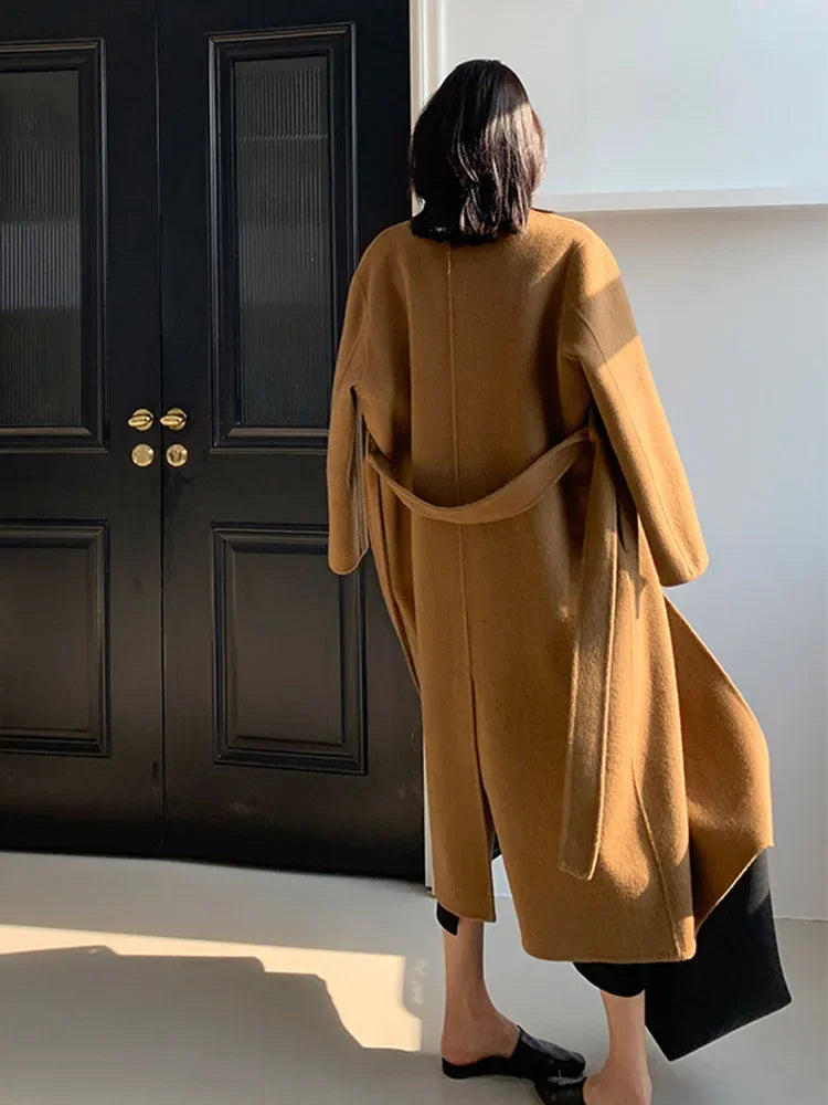 New Hand-sewn Cashmere Wool Coat Women New Mid-length Big Scarf Collar Loose Lace-up Warm Double-sided Wool Coat Fashion Winter
