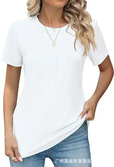 Women's Clothing European American T-shirt Tops Tees spring summer women's round neck pleated short sleeved solid color T-Shirts