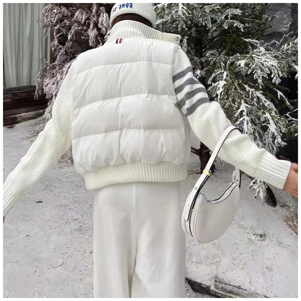 Womens Jacket Stand Collar Quilted Patchwork Knit Sleeves Casual Versatile Jacket Essential Autumn And Winter Item Trafizaran