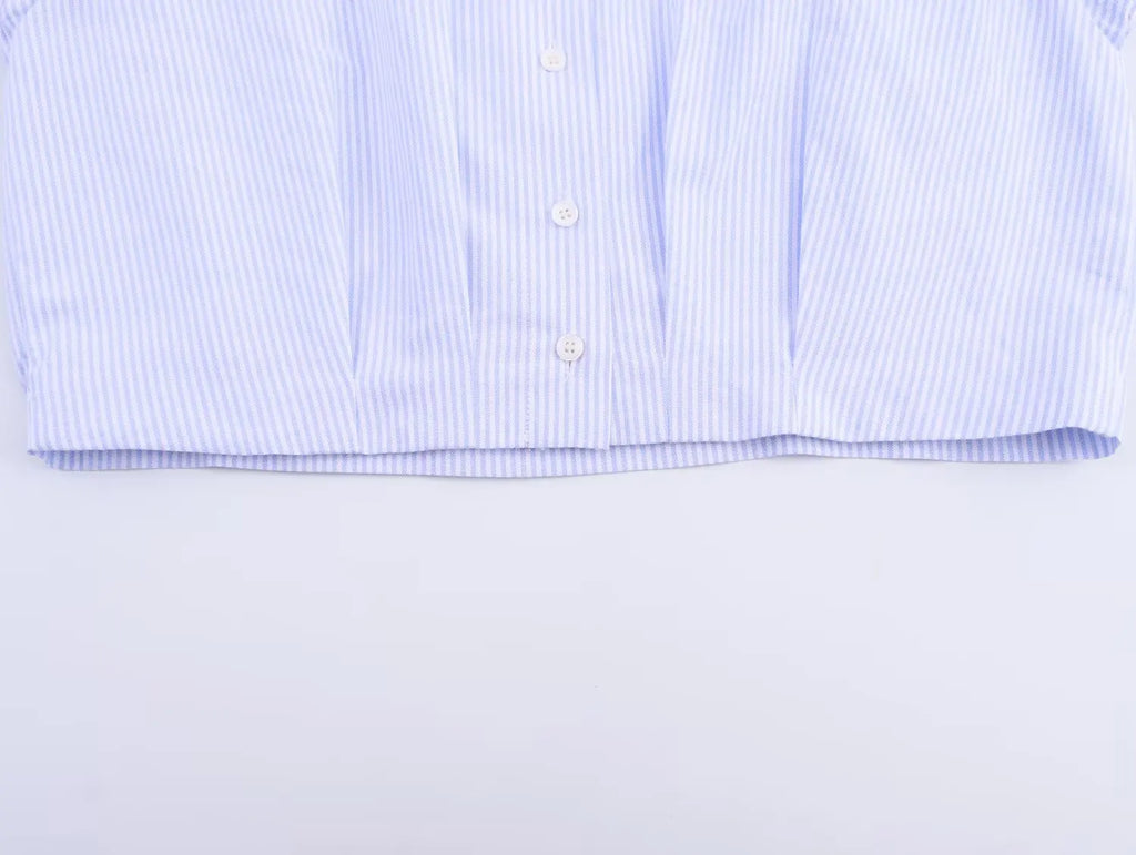 HH Women's 2025 Fashion Versatile Waist Pleated Blue Striped Shirt Female Elegant Lapel Single-Breasted Long-Sleeved Shirt
