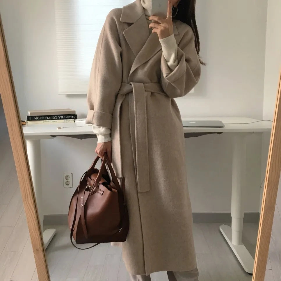 Elegant Woolen Coat Women's 2025 Autumn Winter Mid Length Adjustable Waist Thick Casual Long Sleeve Fashion Wool Coats Female