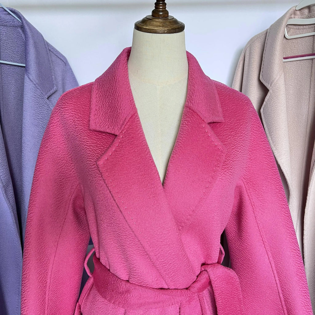 Cashmere Coat Female Winter Mid-Length Corrugated Coat Black Wool Coat Woman Autumn New Casual Fashion Red Beige Lace-Up Coat