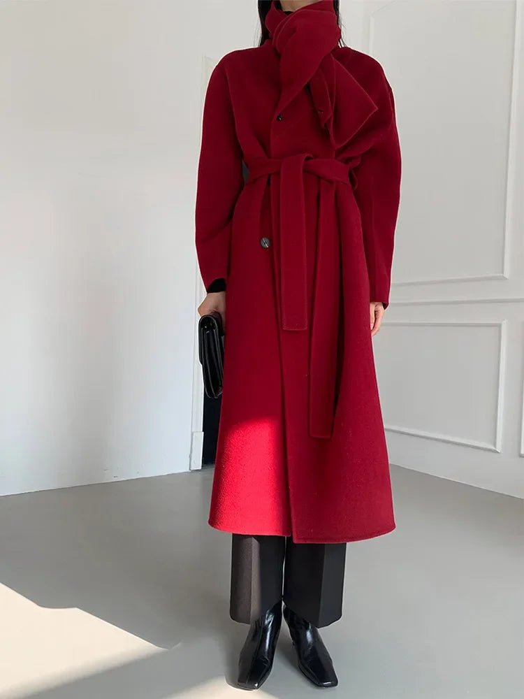 New Hand-sewn Cashmere Wool Coat Women New Mid-length Big Scarf Collar Loose Lace-up Warm Double-sided Wool Coat Fashion Winter