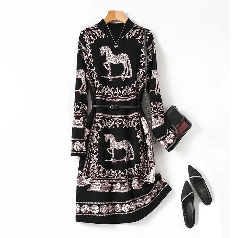 Women's Clothing Fashion Vintage Jacquard Knitted Dresses Autumn Winter Loose O-neck Thick Warm Elegant Dresses