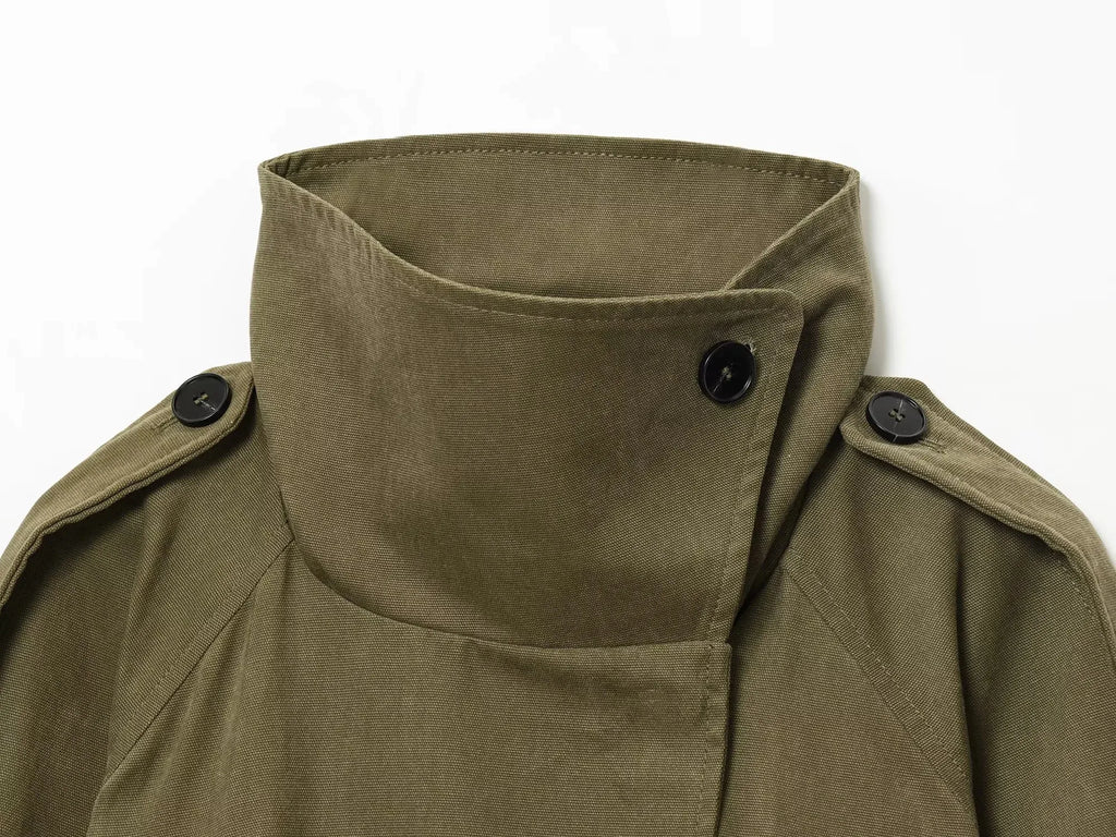 Women's 2025 Autumn New Trench Coat Style Army Green Long Sleeve Cotton Belt Decorative Trench Coat Casual Versatile jacket