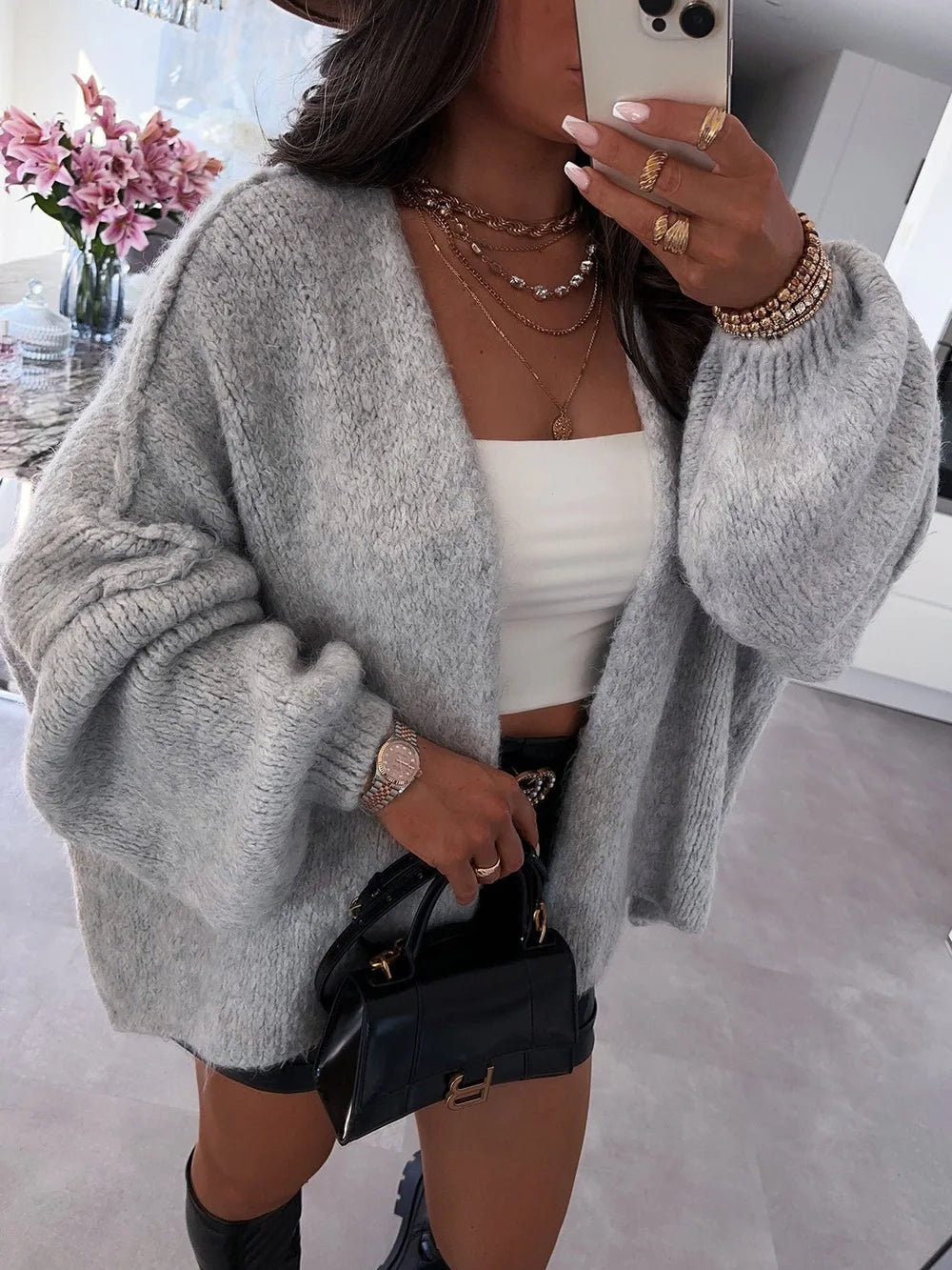 Autumn Winter New Casual Knitted Sweater Cardigan Jacket Loose Long Sleeve Solid Color Mid-length Sweater Women Cardigan Jacket