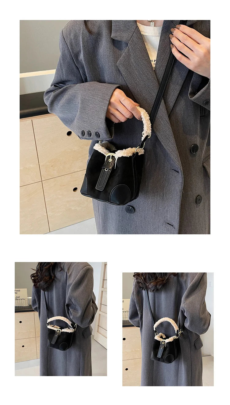 Women's Bags Bucket Shoulder Handbag Autumn Winter Vintage Versatile Lamb Wool Handbag Elegant Fashion Crossbody Bag Wholesale