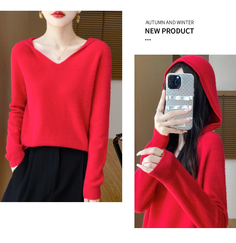 Women Autumn Winter Clothing Hooded Collar Pullover 100% Merino Wool Sweater New Fashion Cashmere Tops Bottoming Knitwear Soft
