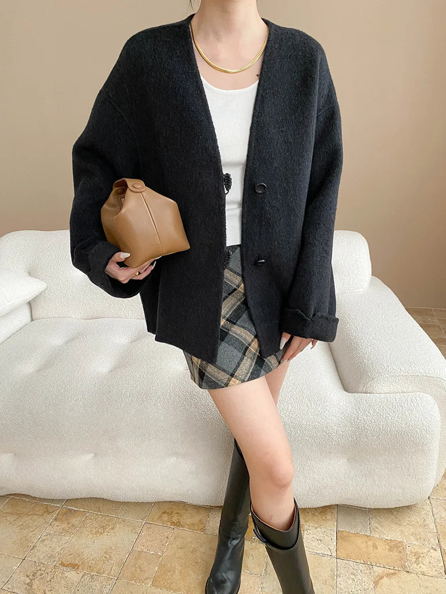 Winter women's casual solid color V-neck double-sided woolen coat jacket