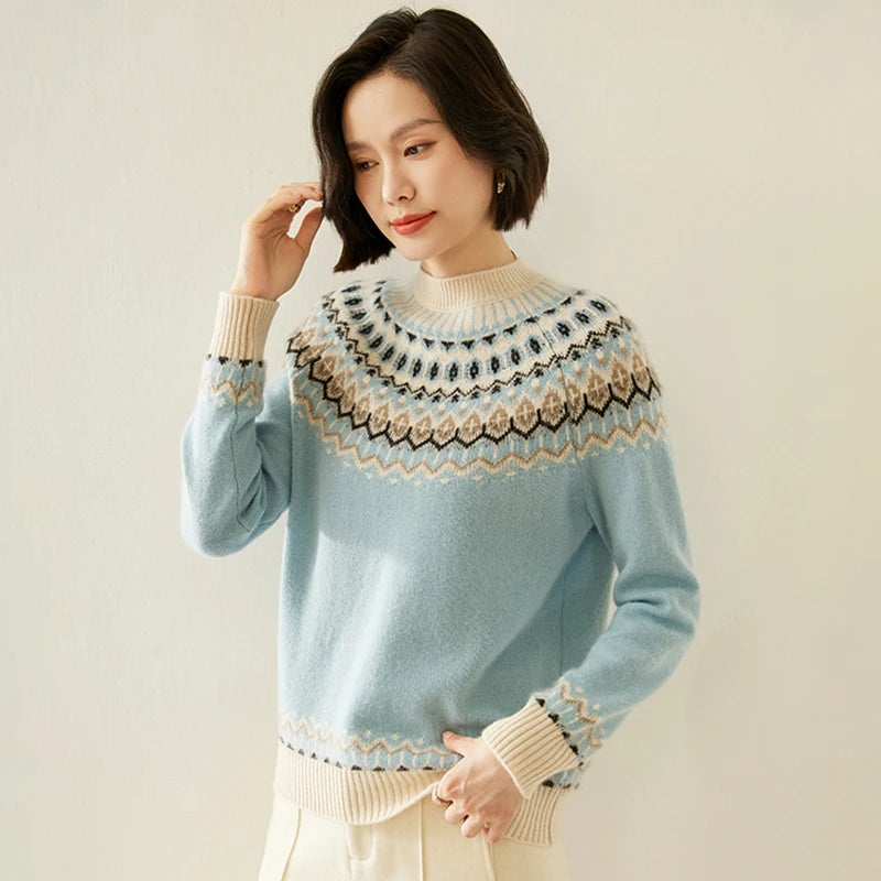 Autumn And Winter New Cashmere Sweater Fashion Women's Retro Round Neck Jacquard Cashmere Knitted Bottoming Shirt With Sweater