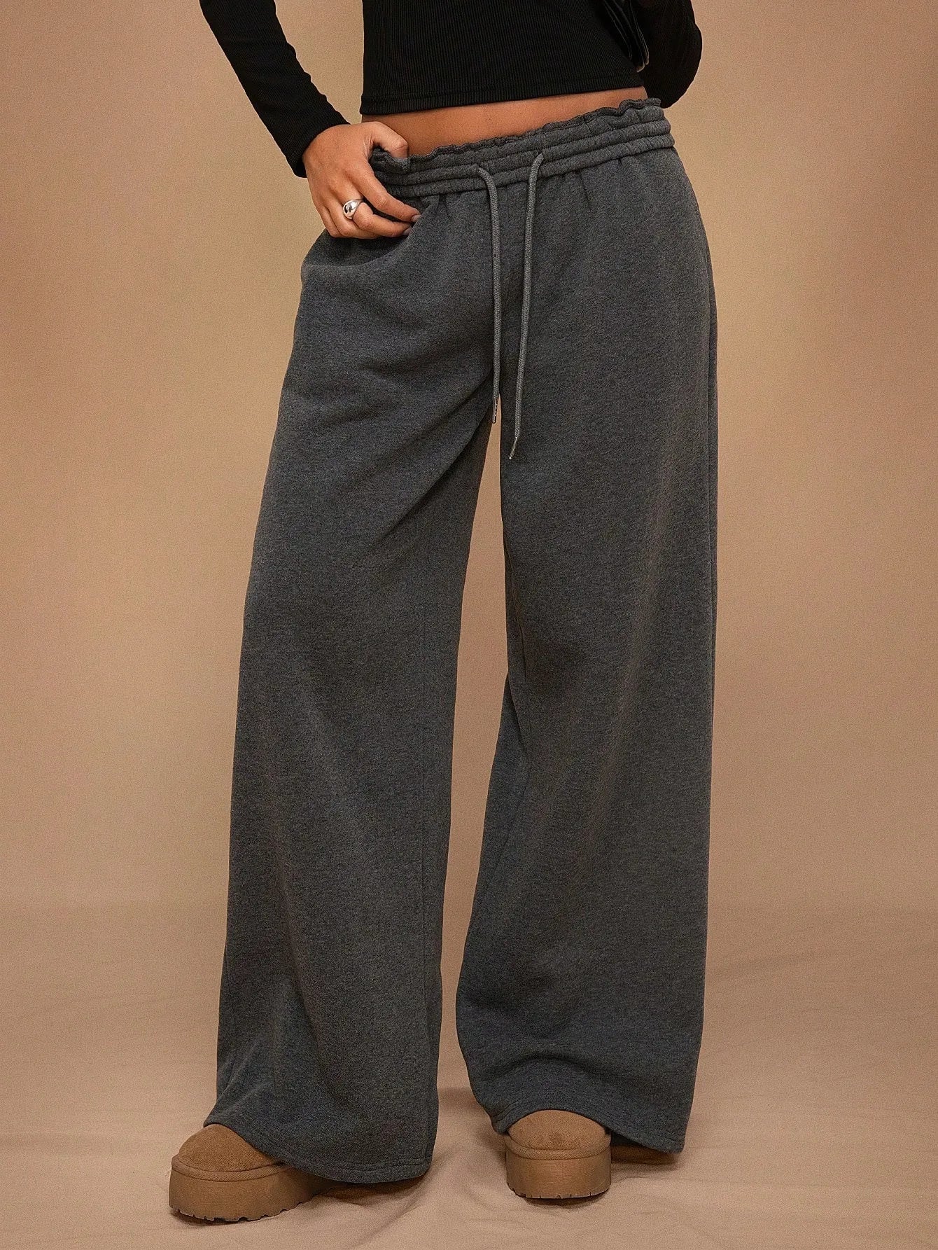 Women Add Velvet Thicken Sweatpants Autumn Female Elastic Waist Pocket Wide Leg Loose Trousers YQFS-OM023
