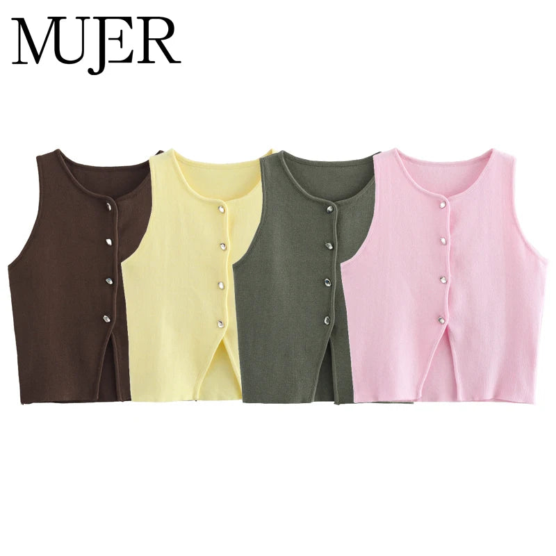 MUJER Pink Knit Sleeveless Vest Women Cropped Sweater Vest Top Women Yellow Button Vests Women Streetwear Waistcoat Knitwears