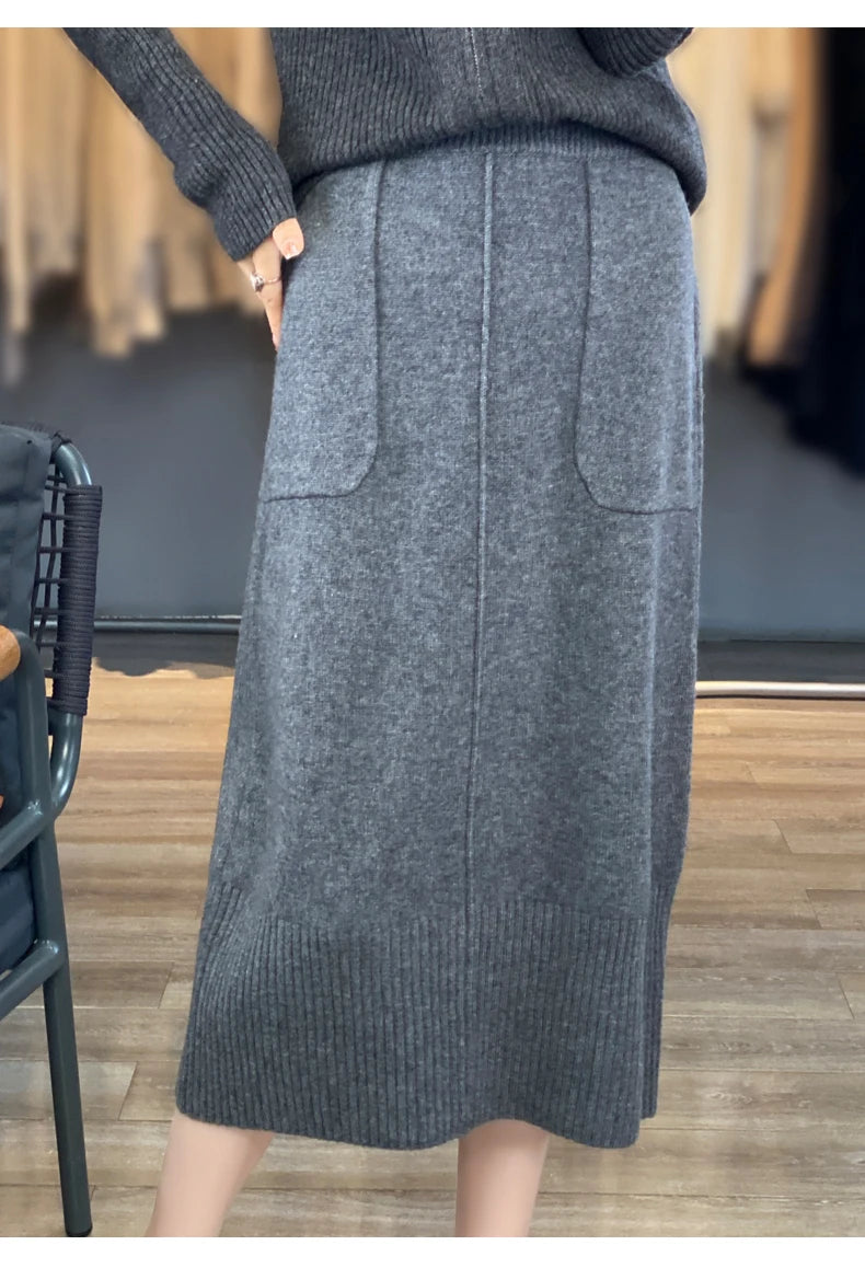 Women's Knitted Cashmere Skirt Double Pocket 100% Pure Wool Commuter Joker Straight Skirt for Autumn Winter New