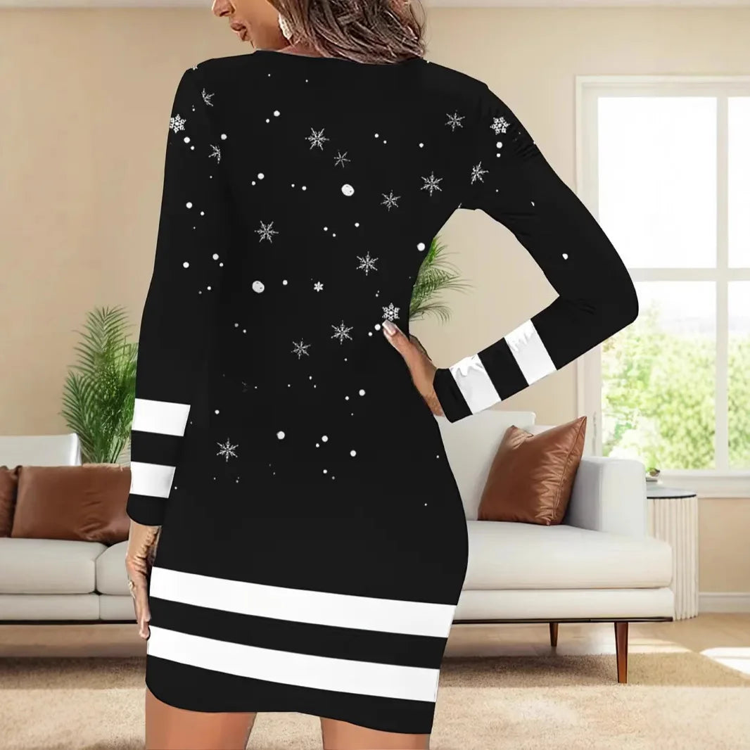 New women's sexy Christmas dress, fashionable printed long sleeved, slim fit, suitable for autumn Christmas