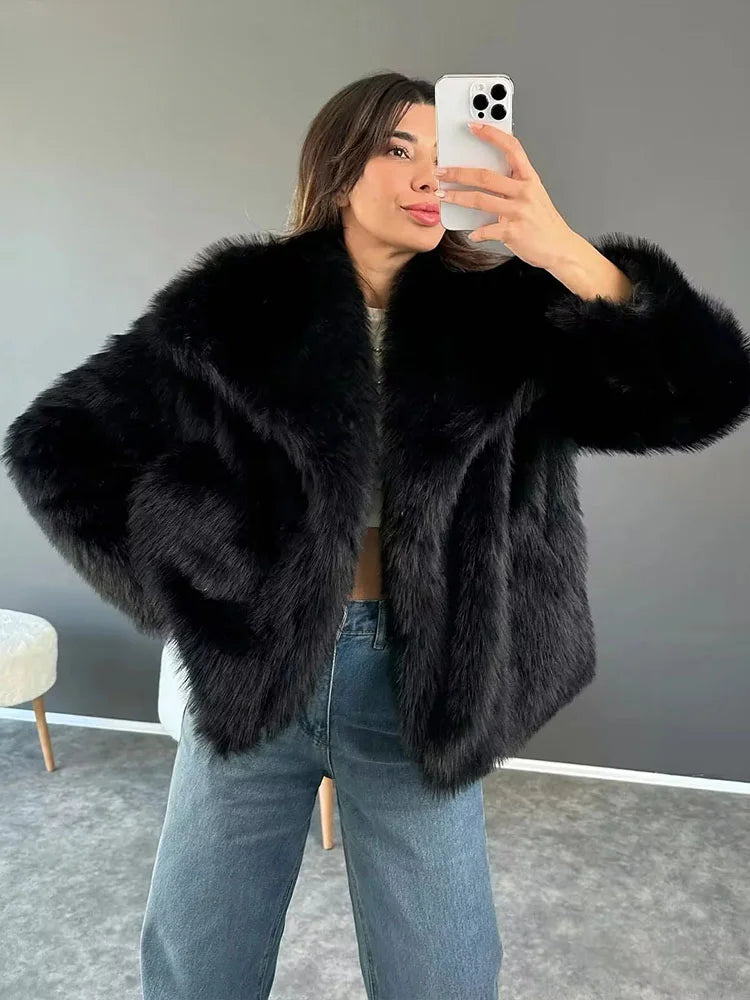 DUOPERI Women Fashion Winter Solid Thick Warm Faux Fur Coat Lapel Collar Long Sleeves Female Chic Lady Casual Outfits