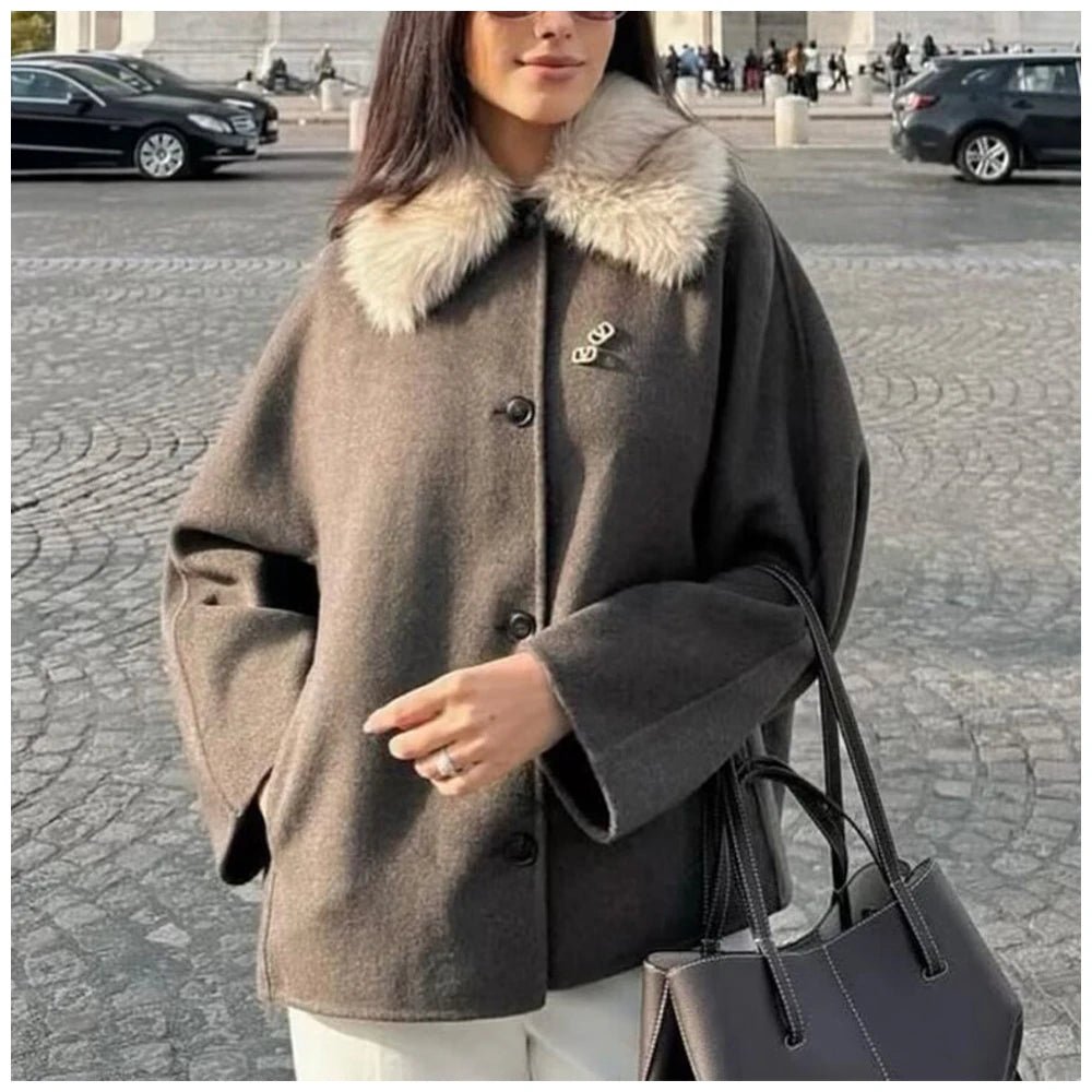 Womens Fashion Coat With Fur Collar Single Breasted Wool Coat Stylish And Versatile Suitable For Everyday And Work Wear