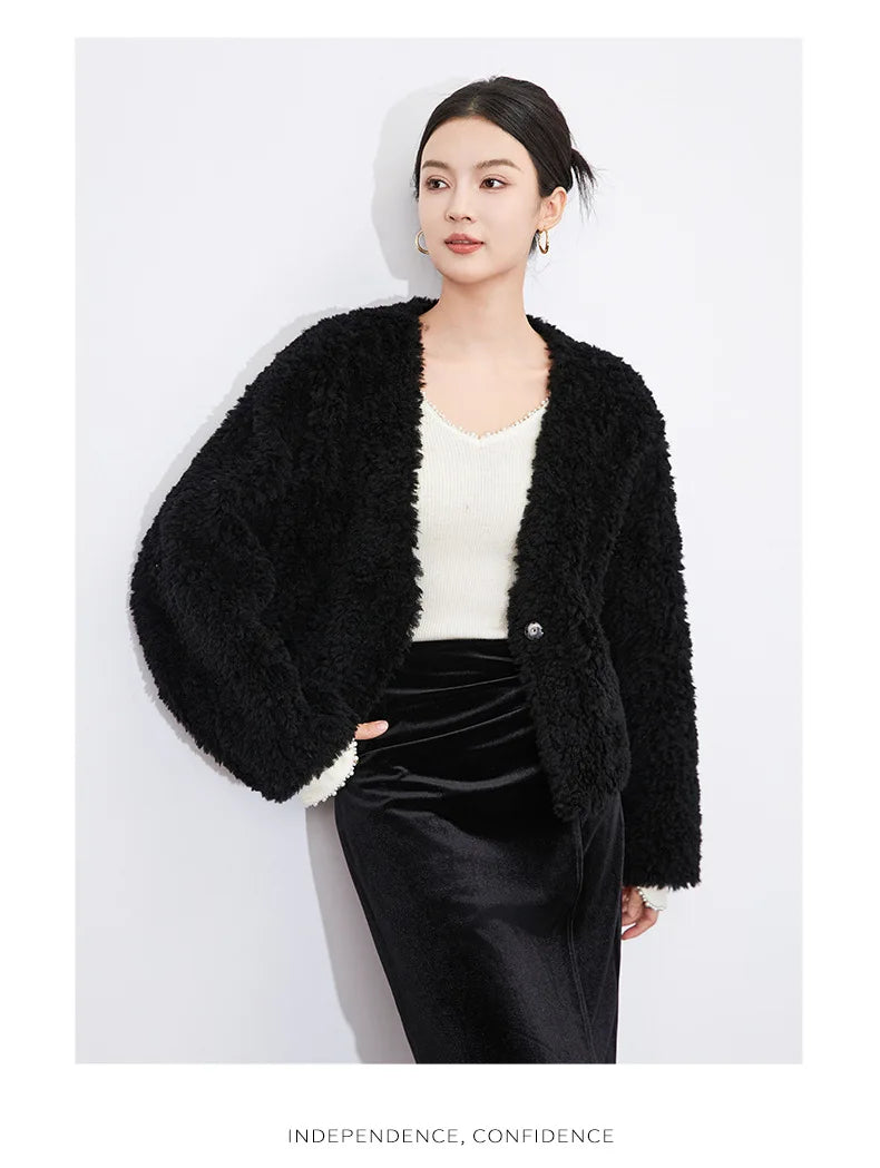 100% Wool Short Jackets for Women 2024 Autumn Winter V Neck Lamb Wool Coat Womens Clothing Fashion Outerwears Casaco Feminino