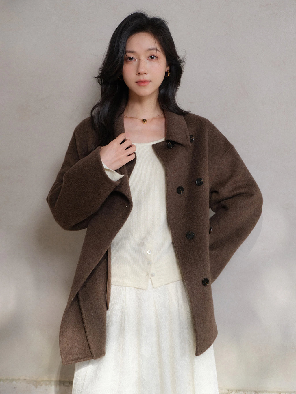 Women Elegant Wool-Like Winter Short Coat Brown Belted Jacket Warm Casual Outerwear for Lady with High Neck and Waist Tie Design