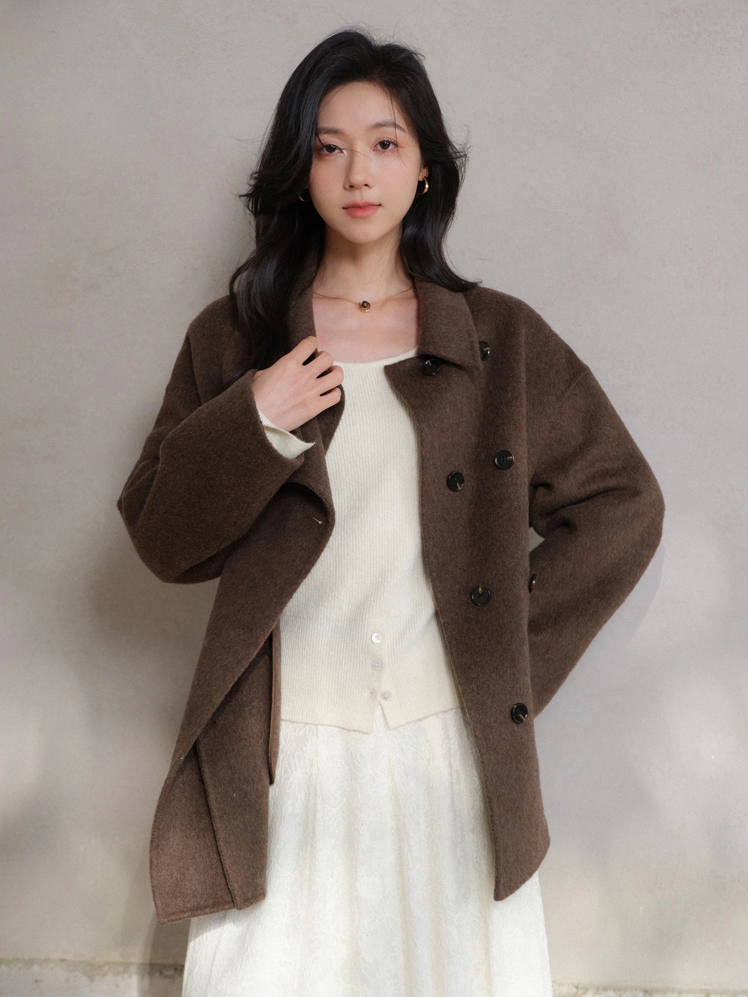 Women Elegant Wool-Like Winter Short Coat Brown Belted Jacket Warm Casual Outerwear for Lady with High Neck and Waist Tie Design