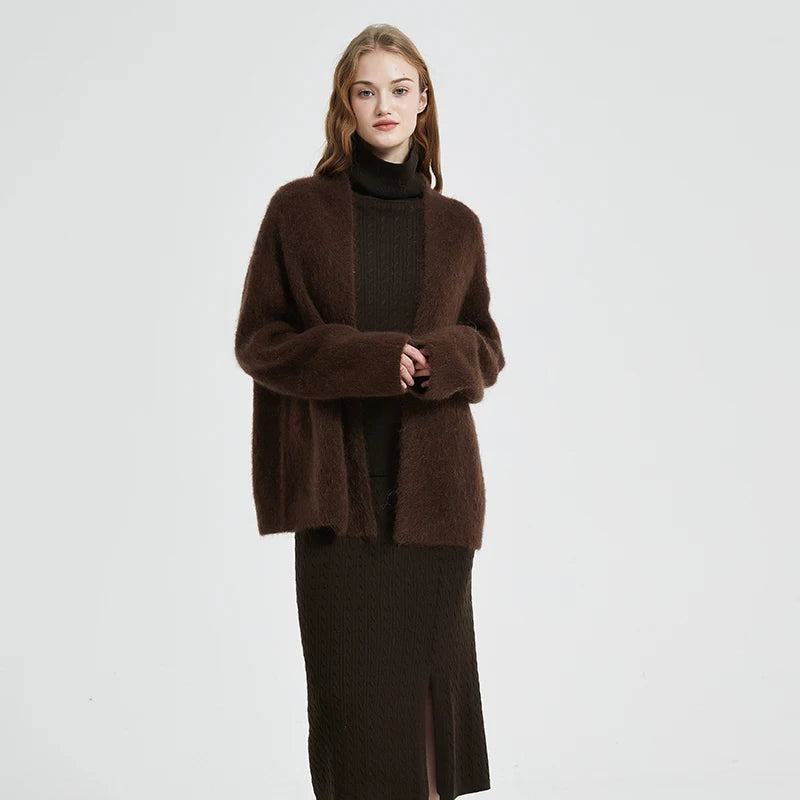 BAHTLEE-Women's Mohair Cardigan Knitted Sweater V-Neck Solid Long Sleeves Coat Keep Warm