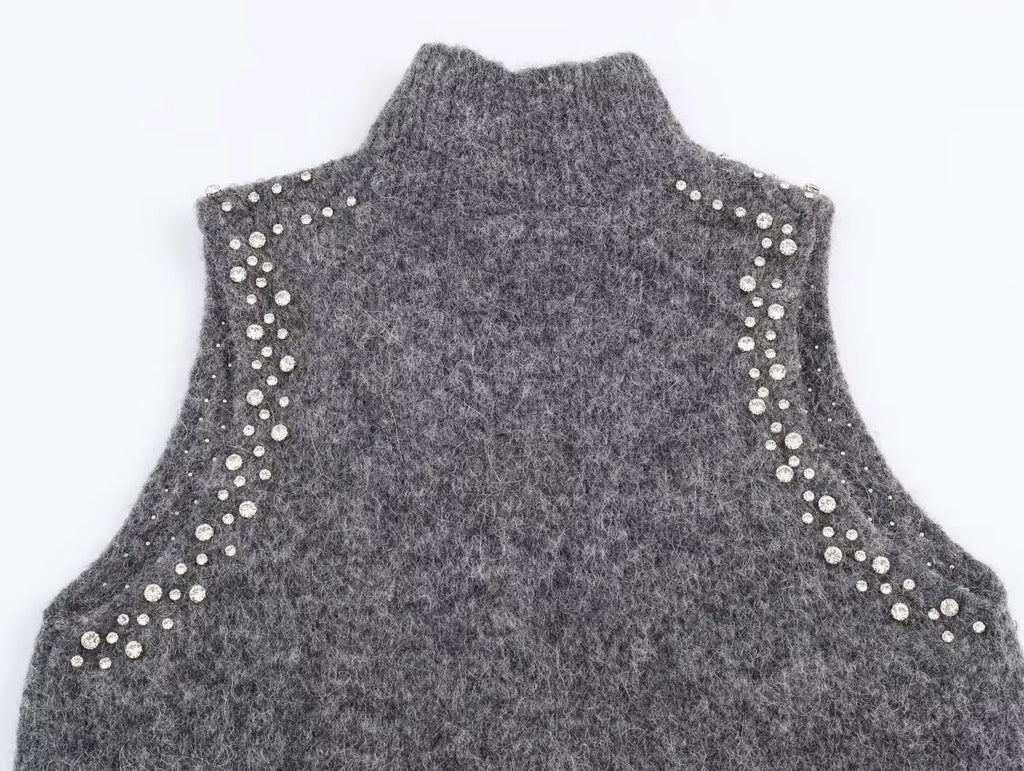 Women Vest 2025 Women Autumn New Fashion O-Neck Sleeveless Jewelry Decoration Pullover Women Elegant Hight Street Top