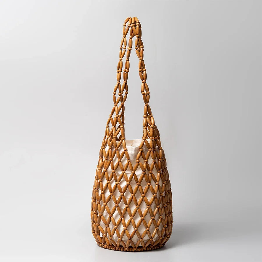Women Woven Hand Bag Summer Design Hollow-out Wooden Bead Tote Bucket Shoulder Bag Female Reticulate Netted Canvas Beach Handbag
