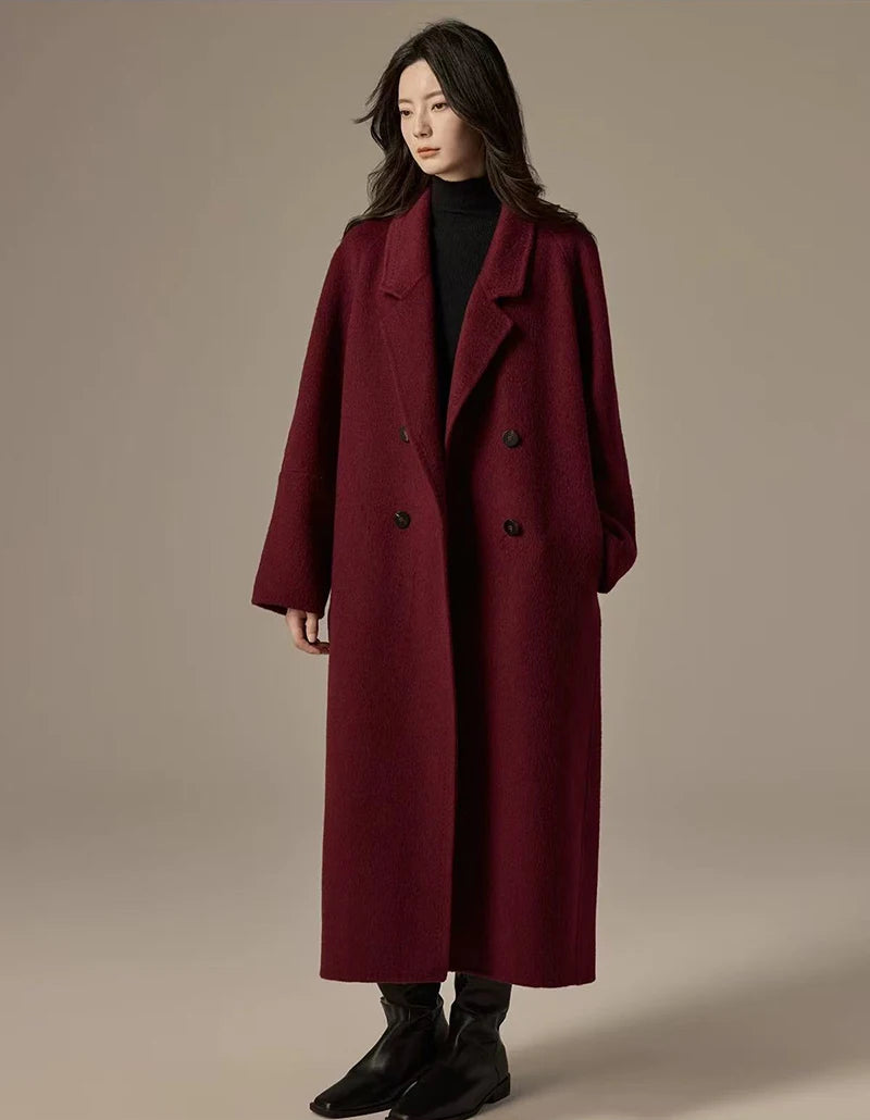 Vintage Faux Wool Coat Women Y2K Autumn Streetwear Loose Casual Midi Jacket Korean Elegant Office Ladies Blended Outwear New