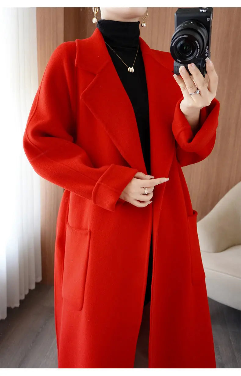 2024 Women's Wear 100% Wool Coat Autumn/Winter Fashion Temperament Double sided Cashmere Coats with Belt Elegant Long Overcoat