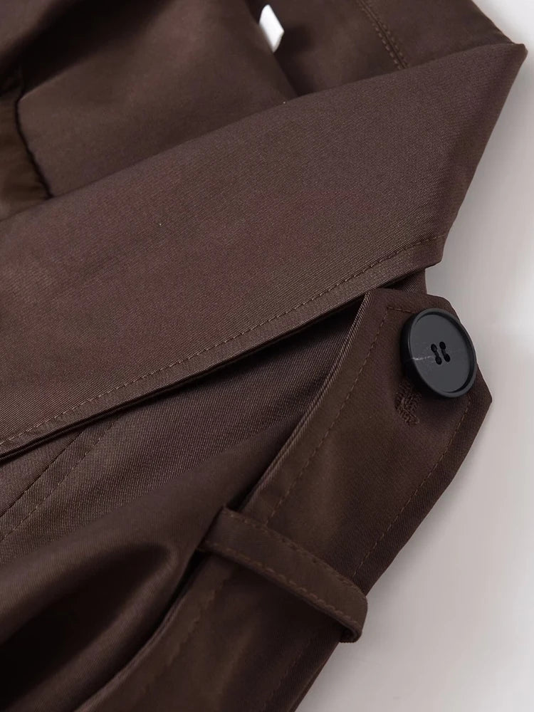 Women's Double-breasted Short Trench Coat Fashion Chic Outerwear with Pockets Long Sleeve Female Top